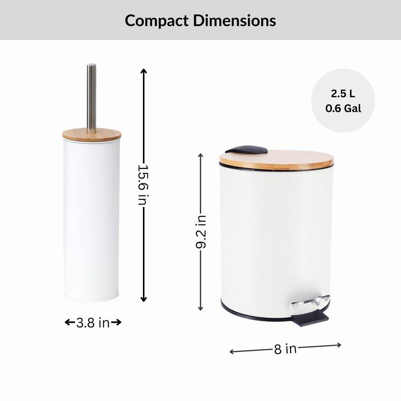 Bathroom Set with Bamboo Lid - Matte Metal Trash Can and Toilet Brush - 15.6" H x 11" L x 11" W