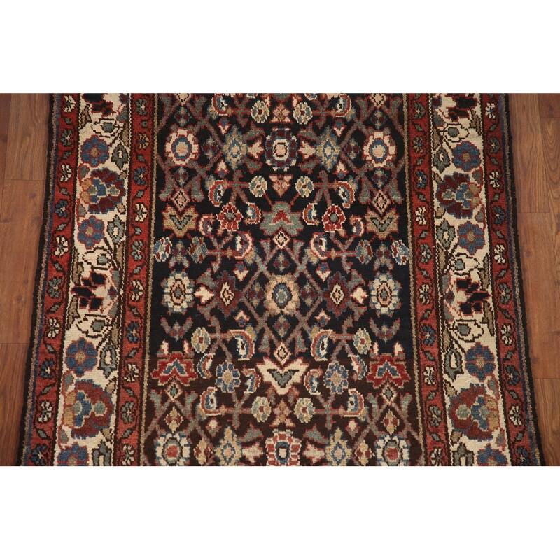 Hand Knotted Oriental 100% Wool Carpet Traditional Geometric Black Malayer Runner Rug - 10' 3'' X 3' 4''