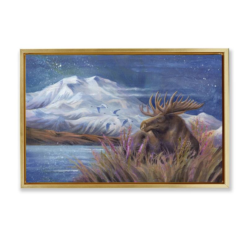 Stupell Moose & Snowy White Mountain Framed Floater Canvas Wall Art Design By Jody Bergsma - 31 x 21 - Gold