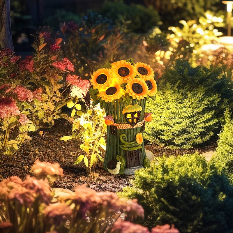 Solar Garden Statues Sunflower House with LED Light