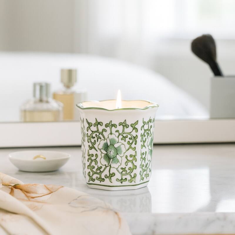 Modern Chinoiserie Ceramic Candle - Plumeria Scented - 4.0" - Green