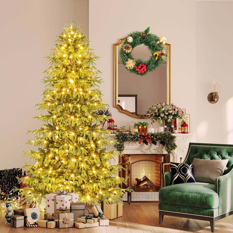Gymax Pre-Lit Artificial Christmas Tree Hinged Full Xmas Tree w/ PVC &