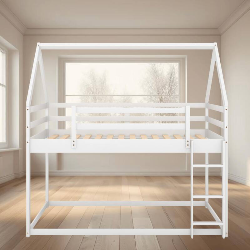Twin Over Twin Size Low Bunk Platform Bed Frame with House Frame and Ladder, Safe and Stylish Kids Bed, Bedroom Furniture - White - Twin