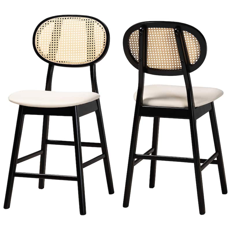 Darrion Mid-Century Modern Fabric and Wood 2-Piece Counter Stool Set - Cream, Black, Light Brown