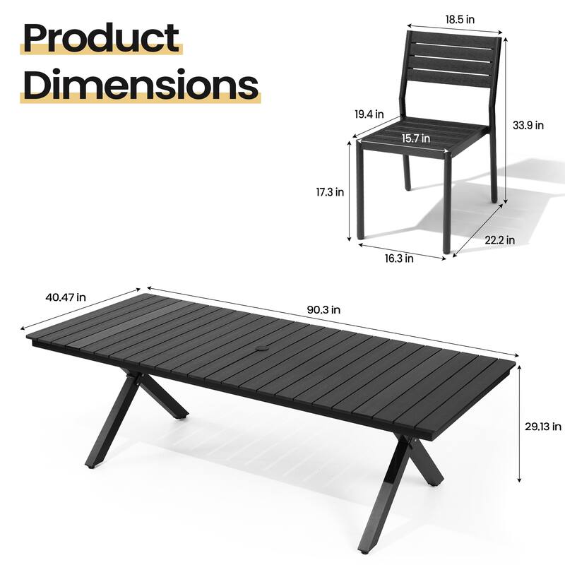 9PC Outdoor Patio Aluminum Dining X Frame Table and Stackable Chairs Set with Umbrella Hole