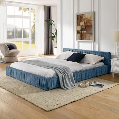 Queen Size Upholstered Bed Frame with Pleated Design,Grounded Platform Bed with Headboard and Solid Frame(88"*67"*23.5")