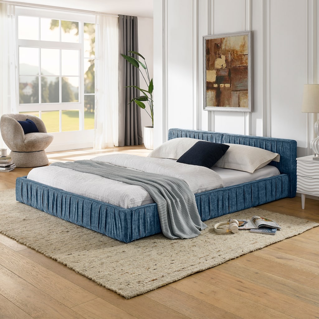 Queen Size Upholstered Platform Bed with Headboard, Blue Chenille Fabric, No Box Spring Needed