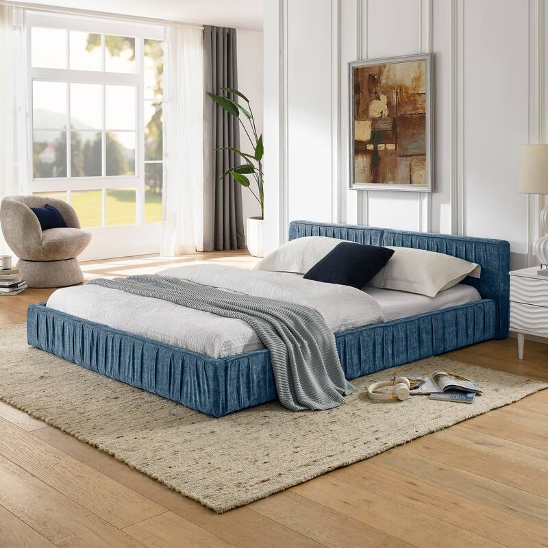 Roomfitters Queen Upholstered Chenille Fabric Platform Bed with Pleated Headboard, Solid Low Frame, No Box Spring Needed - Dark Blue - Queen