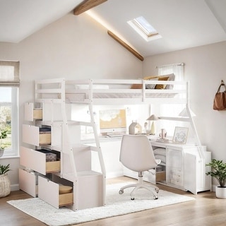 Full Size Playhouse Loft Bed with 7 Drawers 2 Shelves and Desk, White