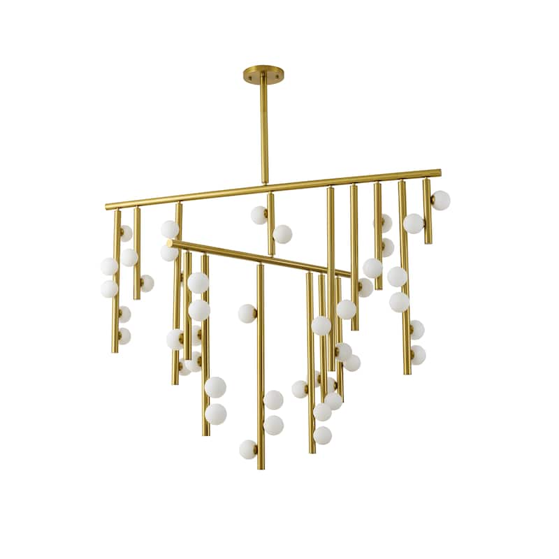 Transitional 44-Light Satin Brass Metal Chandelier With White Glass Ball Shades