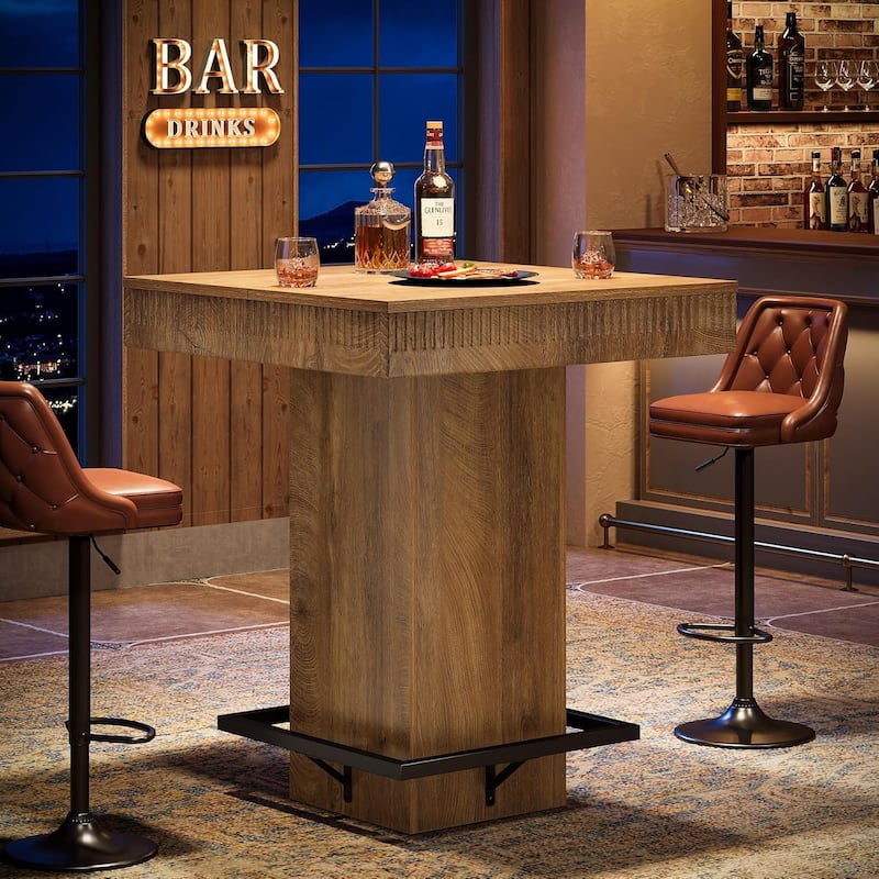 37.4" H Square Bar Table, Industrial Wooden Bistro Pub Table with Metal Footrest - 31.5"L x 31.5"W x 37.4"H