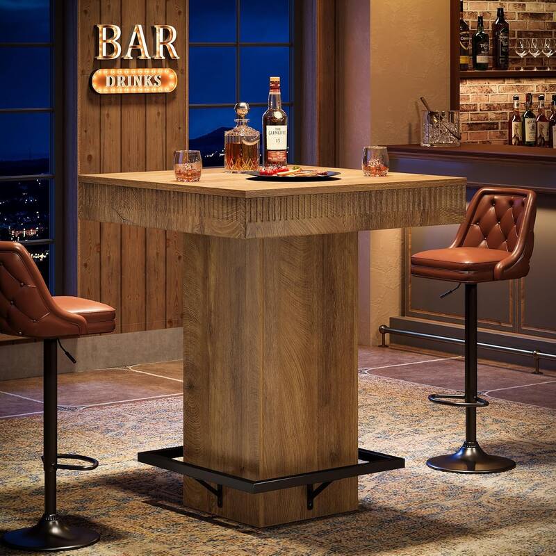 Square Bar Table, 37.4"H Wooden Bistro Pub Table with Metal Footrest for Small Bars, Kitchen Nook