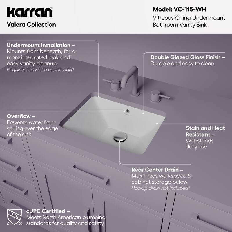 Karran 16-3/4" Undermount Vitreous China Bathroom Sink In White