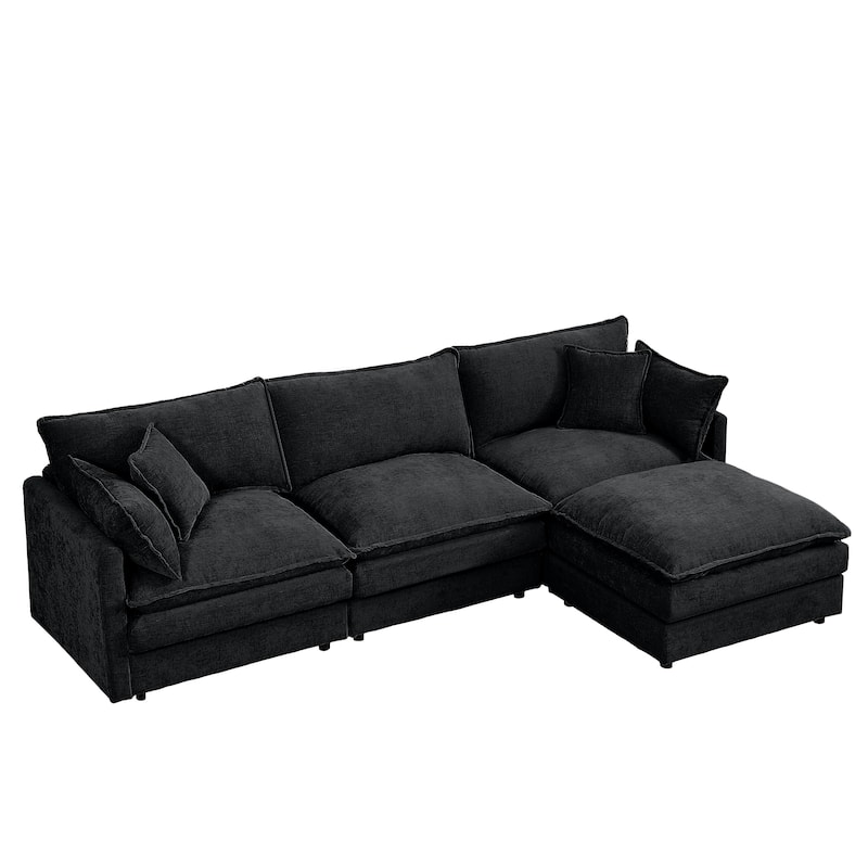 L Shaped Modular Sectional Sofa with Ottoman, Comfy Chenille Upholstered Cloud Couch, 4-Seat Deep Seat Sofa with Pillow