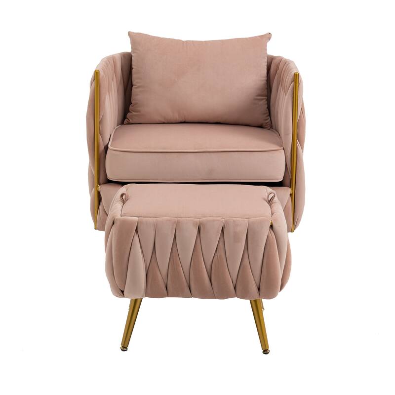 Accent Chair with Storage Ottoman, Modern Hand Woven Vanity Chair (Pink)