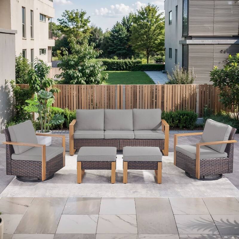 Pocassy Outdoor Sofa, Swivel Chair, Patio Chair Ottoman Set - 5 Pieces Sofa Swivel Chairs w/ Ottoman - Brown Wicker Gray Cushion