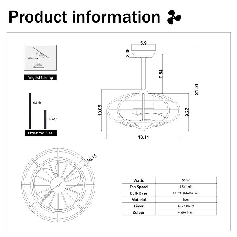 Cage Style Ceiling Fan Light with 3 Blades and Remote Control, Adjustable Fan Speed for Bedroom and Living Room