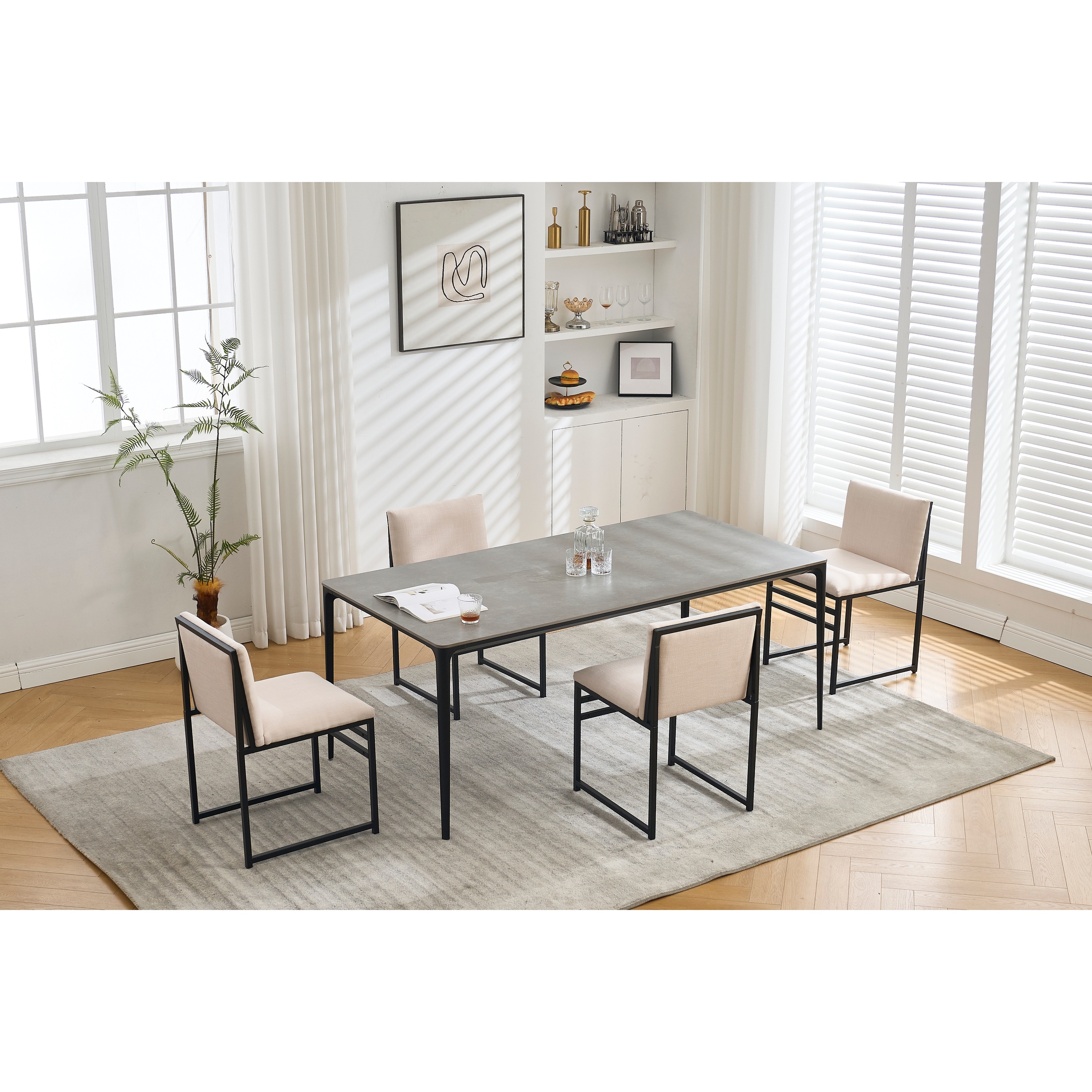 Modern Dining Chairs, Upholstered Linen Cushions and Backrest with Minimalist Craft Iron Racks, Set of 2