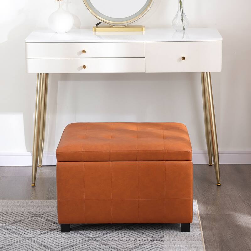 Adeco 24'' Faux Leather Storage Ottoman Bench with Tufted Top