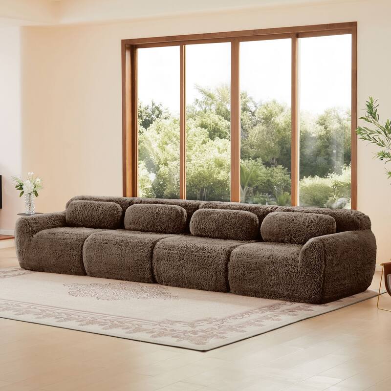 Rossetta 149'' Modern 4-seater Soft Fluffy Plush Fabric Modular Sectional Deep Sofa Couches, Free Combination Buckle Connection - Chocolate