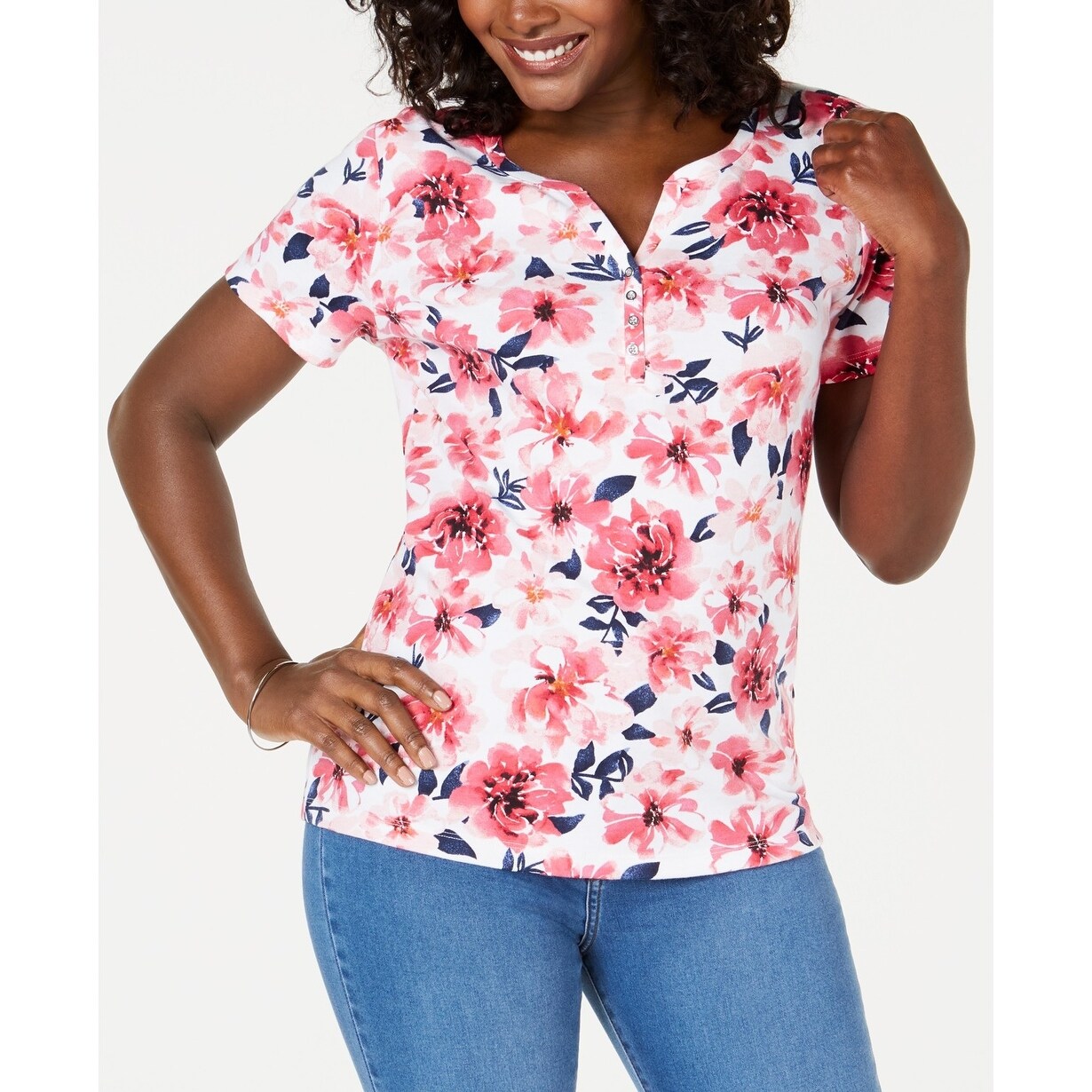 Shop Karen Scott Women S Printed Henley Top Red Amore Size Extra