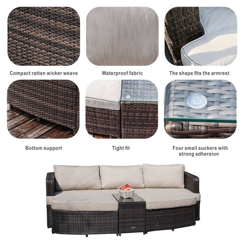 5-piece Patio Wicker Daybed Sectional Sofa Set with Side Table