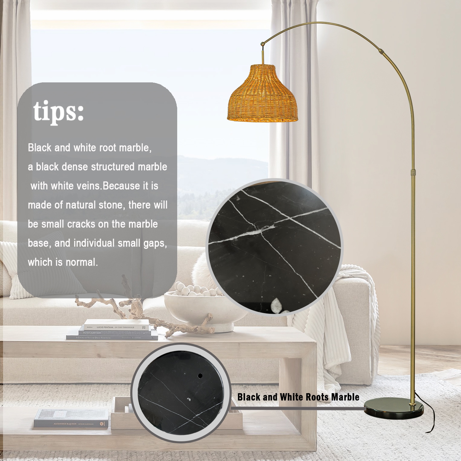 75 1 Light Arc Floor Lamp with Brown Rattan Shade and Marble Base Bed Bath Beyond 39009089