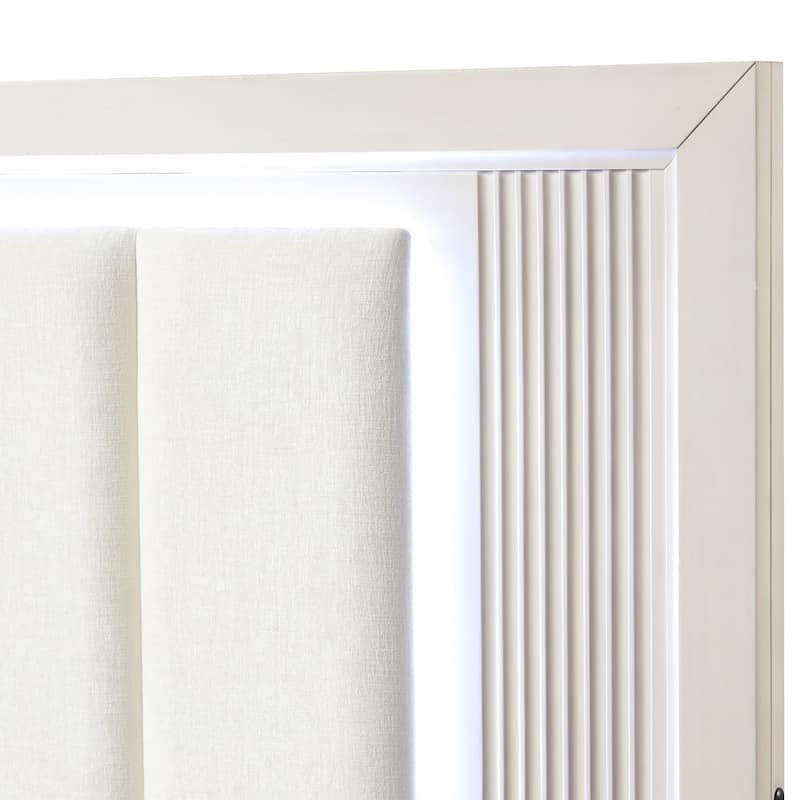 Furniture of America Irwin Antique White Solid Wood Panel Bed with LED Headboard