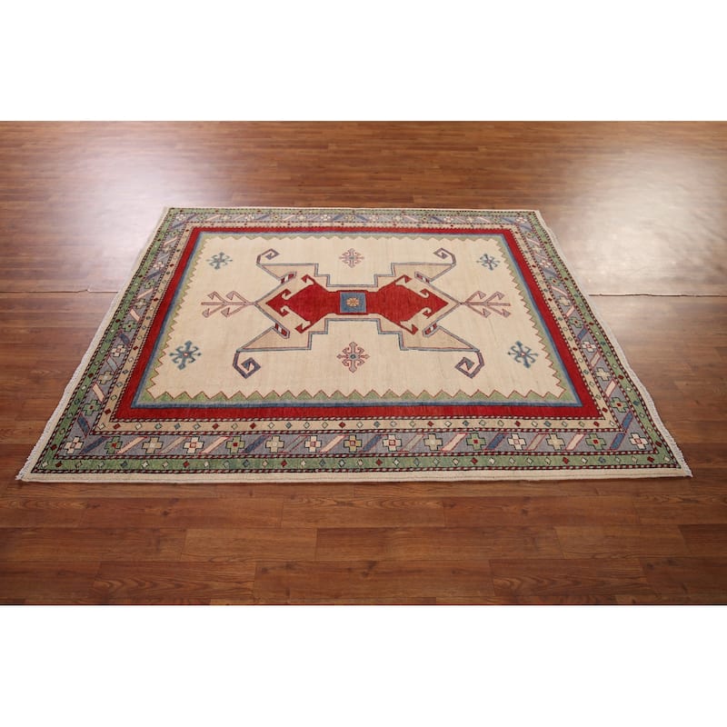 Geometric Beige Kazak Oriental Rug Hand-Knotted Bedroom Wool Carpet - 5'0" x 6'6"