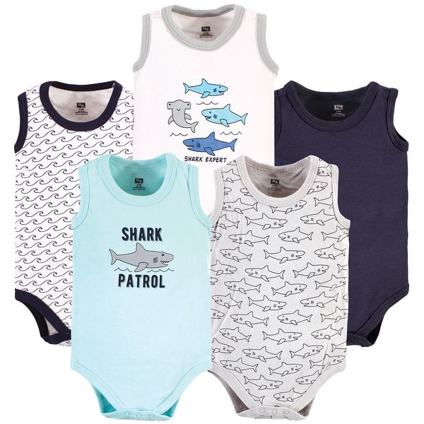 slide 1 of 1, Hudson Baby Infant Boy Cotton Sleeveless Bodysuits, Shark Patrol 0-3 Months - Shark Patrol