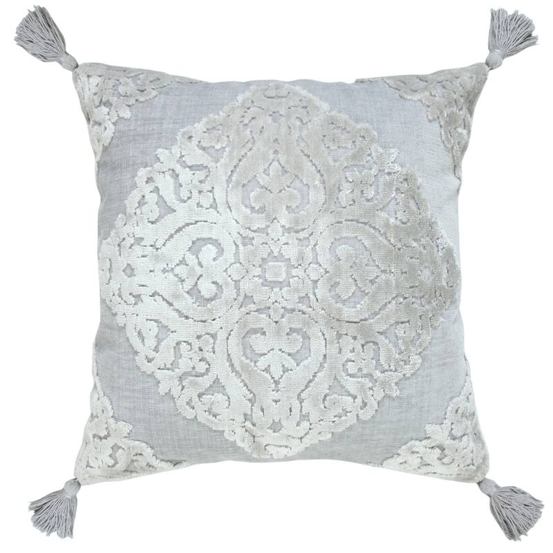18" Silver And Gray Medallion Viscose Throw Pillow Cover with Tassels