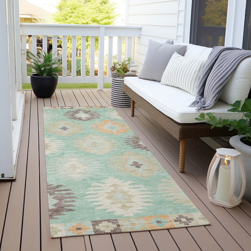 Machine Washable Indoor/ Outdoor Boho Tribal Chantille Rug - Mint - 2'3" x 7'6"