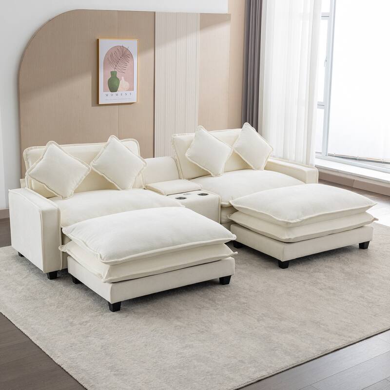 Roomfitters Chenille Sectional Sofa with 2 Ottomans, USB Ports, Cup Holders and Storage Box for Living Room