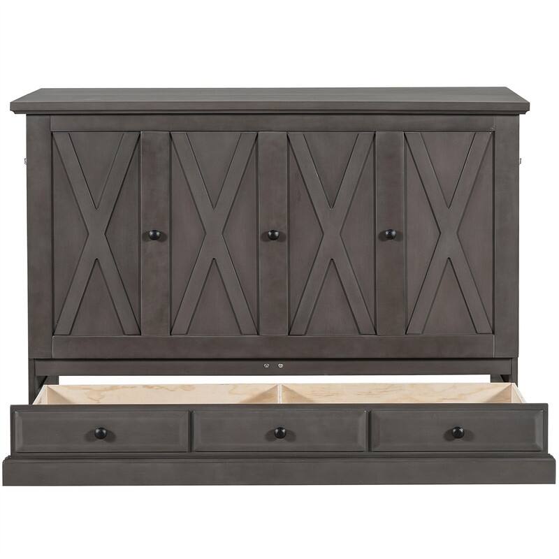 Solid Pine Murphy Bed Chest Cube Cabinet Bed with Charging Station and Large Storage Drawer, Full/Queen Size Murphy Bed Cabinet