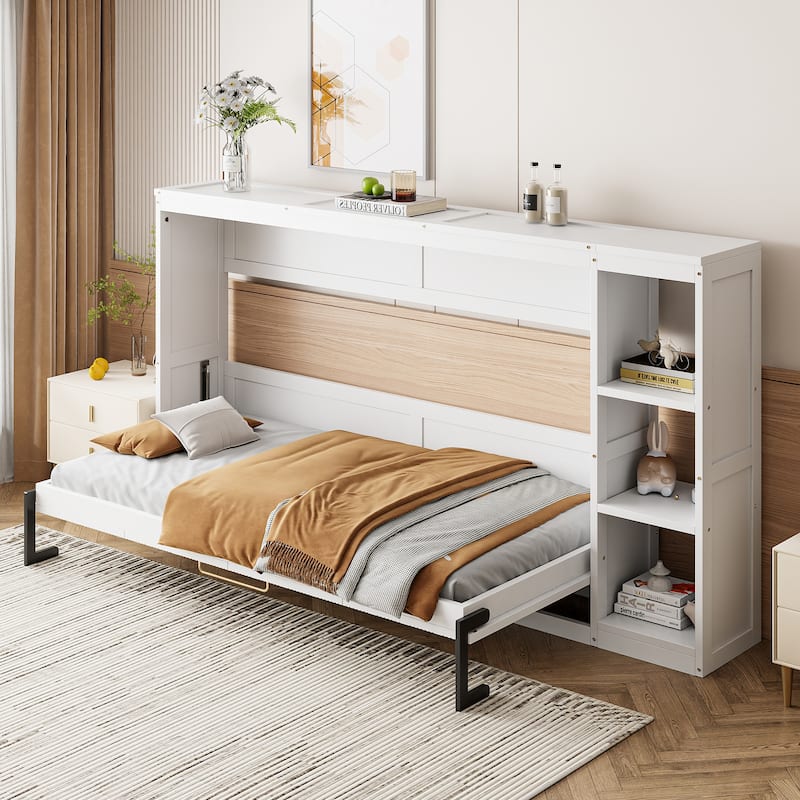 Space-Saving Twin Size Murphy Bed with Bookshelf and Storage, White