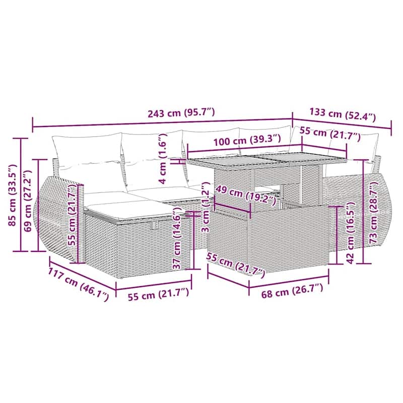 vidaXL Patio Sofa Set with Cushions Outdoor Furniture 7 Piece Poly Rattan - 21.7 x 24.4 x 27.2