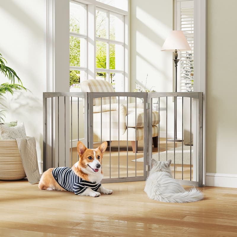 30" Expandable Dog Gate 3-Panel Foldable Wooden Pet Barrier for Doorways Bedrooms and Kitchens - 63" x 30"