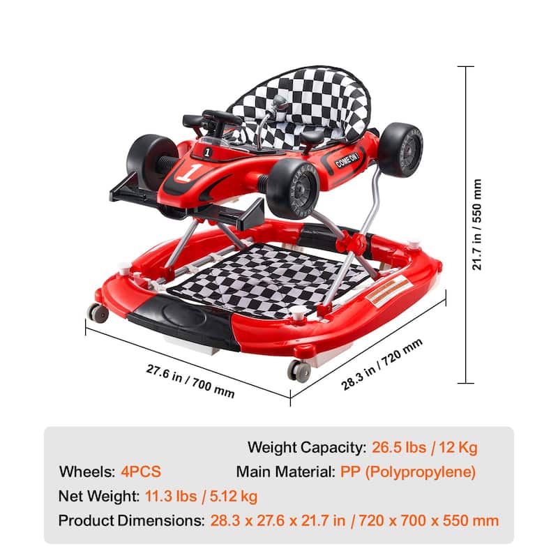 PP 4-in-1 Baby Walker with Wheels, Music and Foldable Design - 28.3” L x 27.6” W x 21.7” H