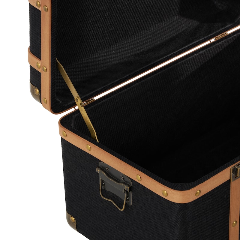 Fabric Decorative Trunk with Brass Metal Latches and Brown Wooden Accents - Set of 3 Black - Roche River Decor