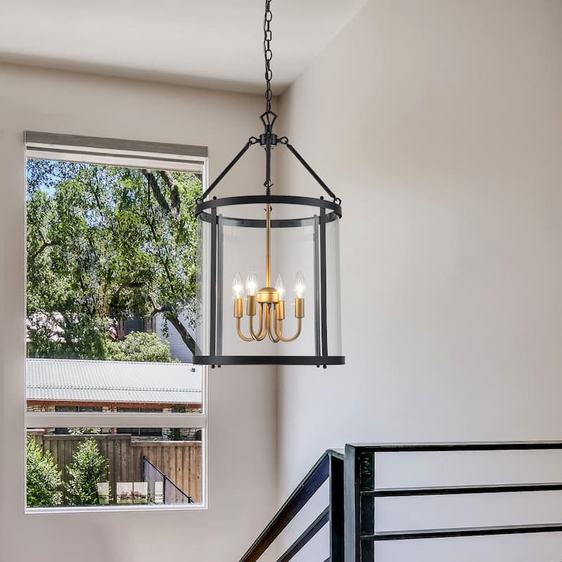 4 - Light Farmhouse Lantern Glass Drum Chandelier for Entryway