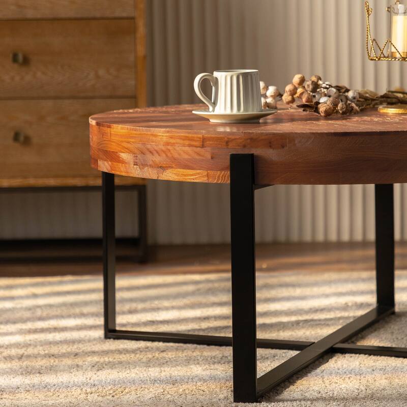 Black+Natural Center Table Cross Wood Grain Splicing Coffee Table Round