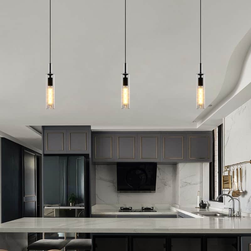Modern Black Glass Pendant Lights (Set of 3) Adjustable for Kitchen, Dining & Living Areas (No Bulbs)