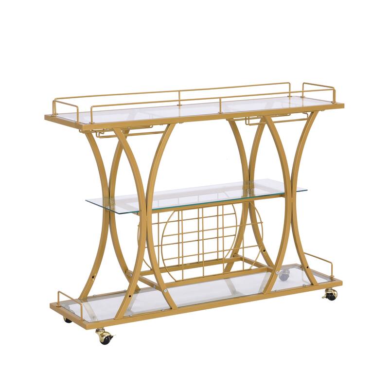 Serving Cart Glass Bar 3-Tier Metal Frame and Shelf