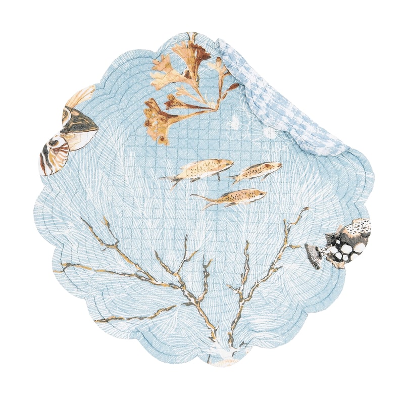 Meraki Island Round Quilted Reversible Blue Coastal Placemat Set of 6 - Set of 6
