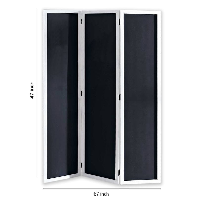 Chalkboard and Wooden 3 Panel Room Divider, Black and White