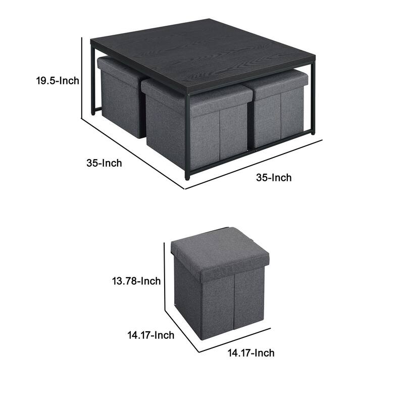All 5 Piece Coffee Table Set, Oak Black Top with 4 Nesting Storage Bins