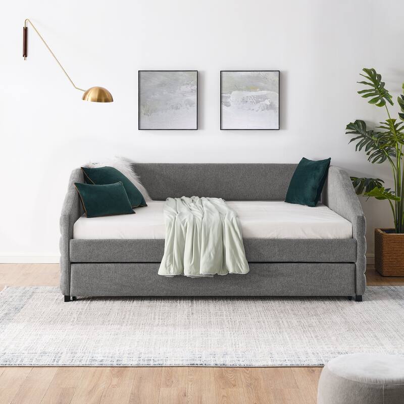 Twin/Full Size Upholstered Daybed with Twin Size Trundle, Linen Fabric Tufted Sofa Bed Daybed Frame with Wood Slats Support