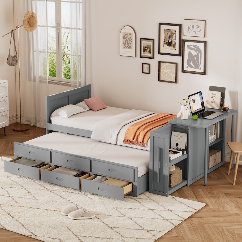 Twin Size Wood Platform Bed with Desk, Storage Shelf, Trundle, and 3 Drawers, Gray