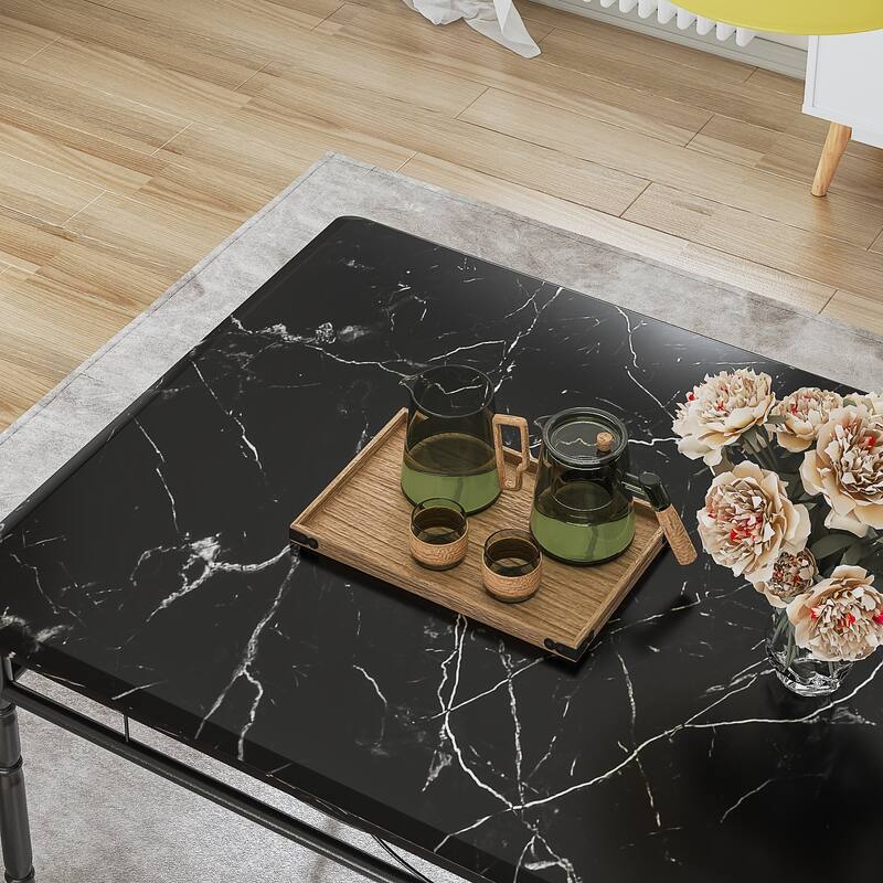 VECELO 5-Piece Black Dining Set Marble Pattern MDF Table with 4 PU Leather Chairs Roman Column Legs for Home Living Room