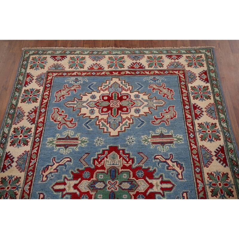 Blue Geometric Kazak Oriental Accent Rug Handmade Wool Carpet - 4'0" x 5'10"